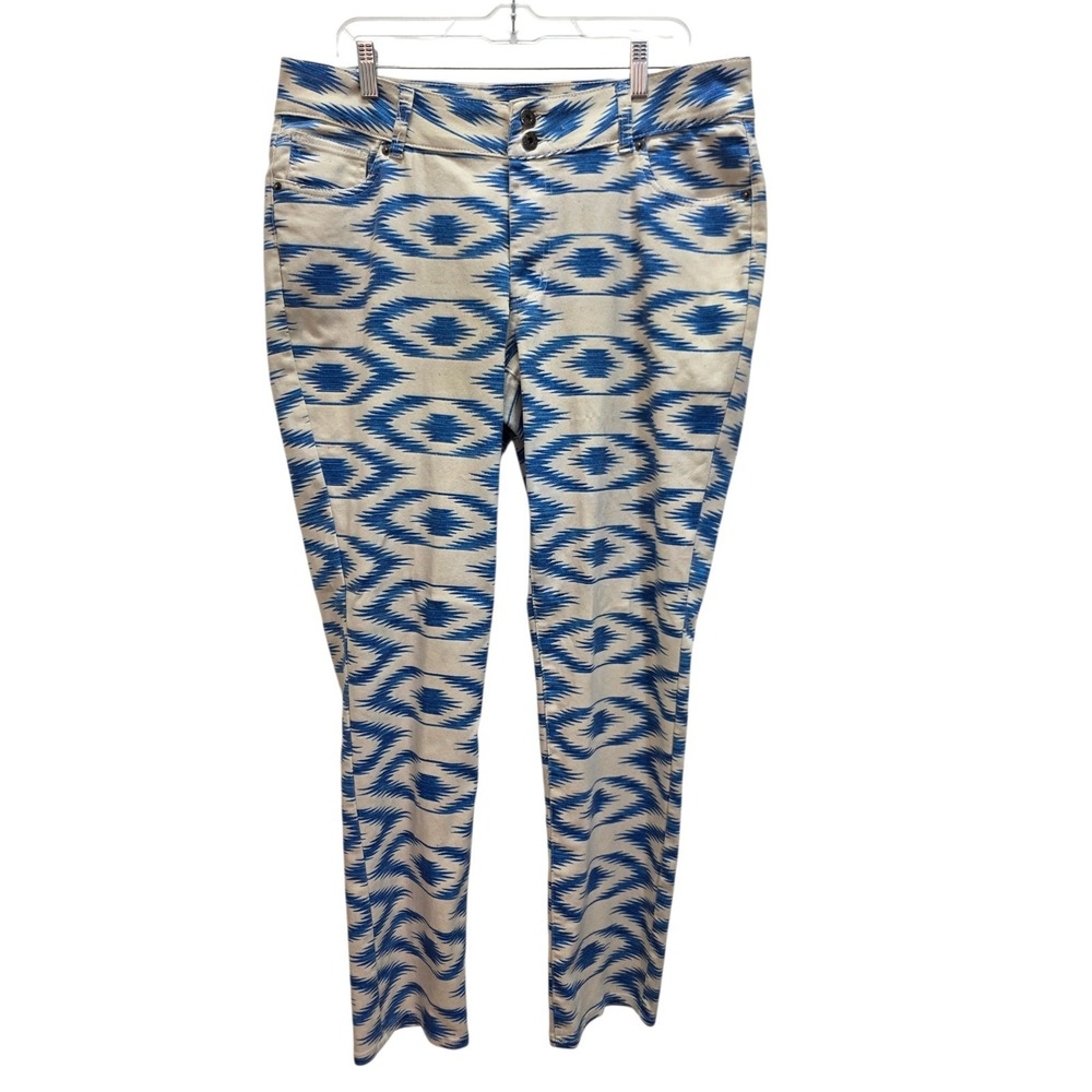 Ashley Stewart Womens Size 14 Blue White Ikat Geometric Print Stretch Pants